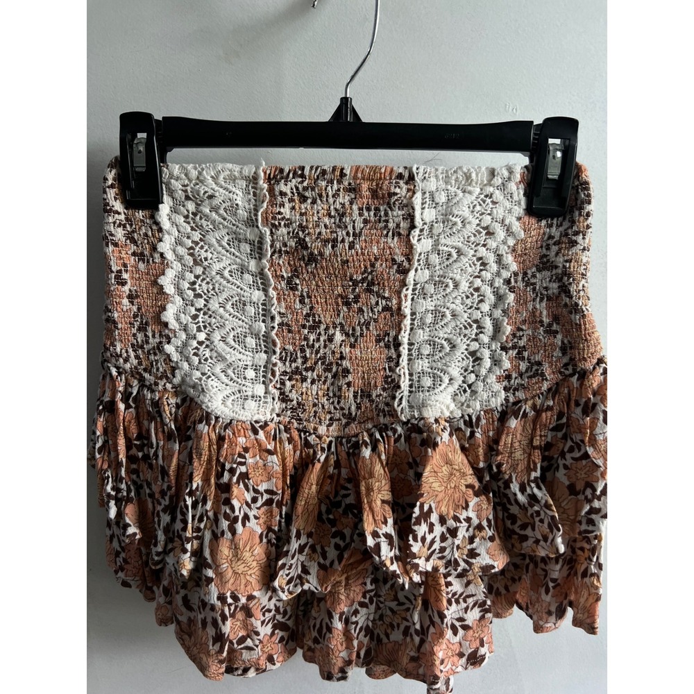 Vintage Havana Floral Leopard Smocked Skirt Crochet Lace Boho Fairy Cottagecore